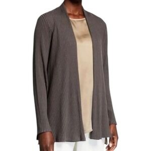 Eileen Fisher Ribbed Open Front Cardigan Gray Tencel Knit Long Sleeve Drape Sz S